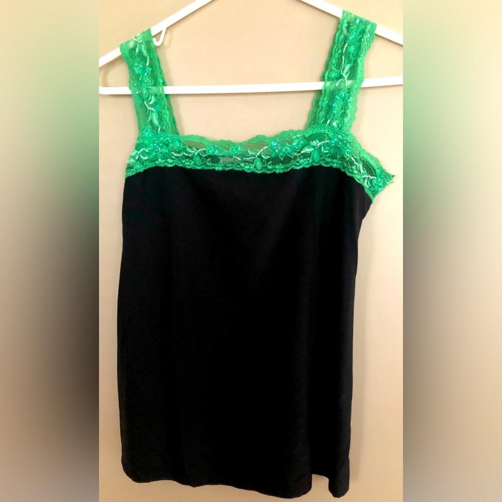 BOCA RATON NEW OLD STK BEACH RESORT WEAR  DIAMONDS Black Tank Top w Green Lace S